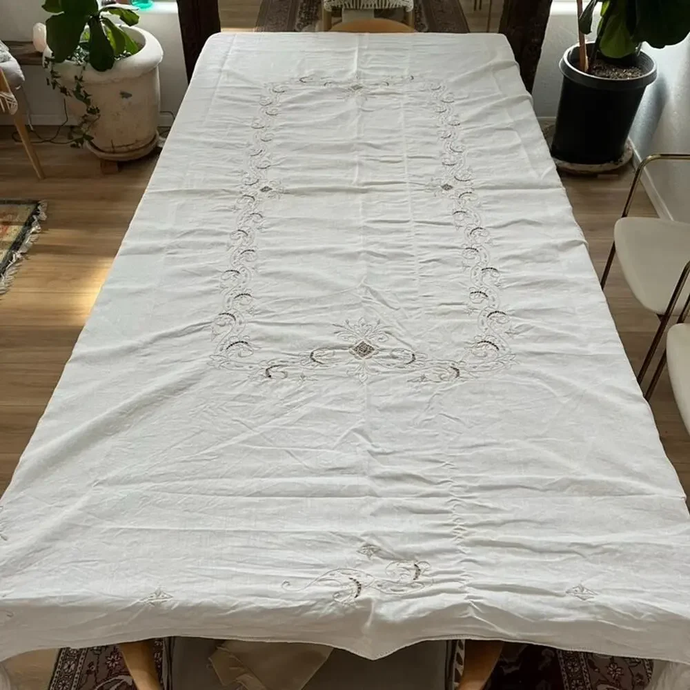 Vtg 1 Tablecloth & 10 Napkins Off-white Linen Taupe Embroidered Openwork Madeira